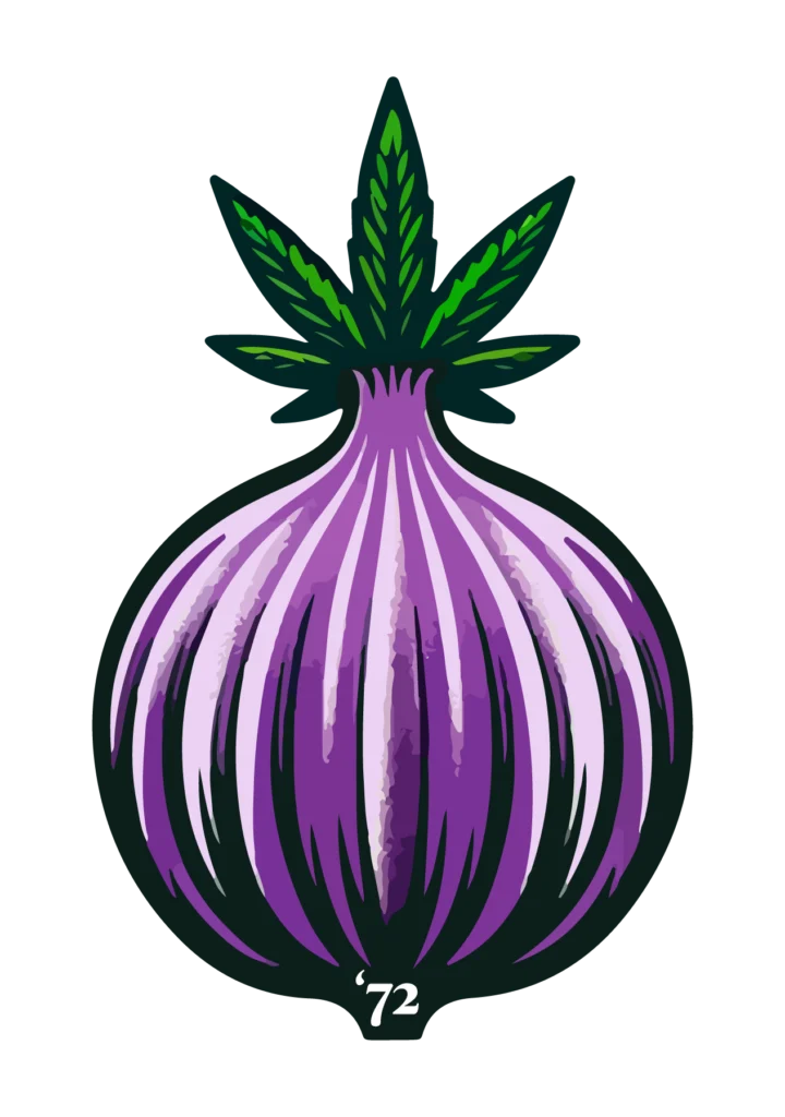 A vibrant banner for The Purple Onion, an online headshop, featuring the logo, tagline 'Where Good Times Grow!' and a 'Shop Now' button.