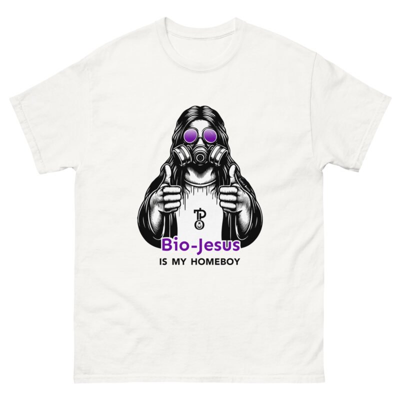 mockup shot of Bio-Jesus classic tee shirt in white.